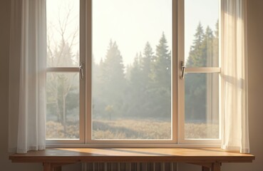 Wooden table stands before large window. Exterior view forest trees. Light curtains, sunlight. Interior, home decor, natural light. Product placement, empty space, peaceful atmosphere.