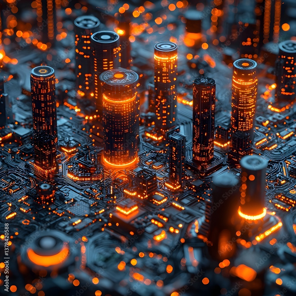 Poster futuristic quantum computing cityscape with glowing data streams