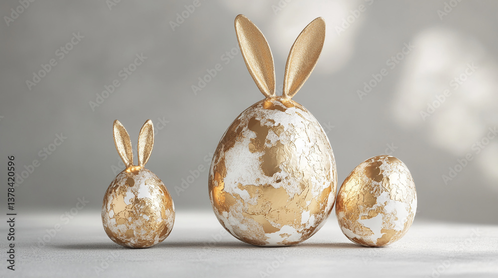 Poster three golden and white easter eggs, two with bunny ears, rest on a light gray surface, creating a fe