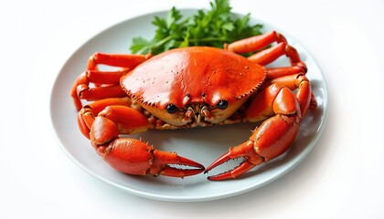 Steamed red crab on white plate. Fresh seafood dish, prepared for meal. Appetizing crustacean meat, cooked. Seafood dinner, lunch. Delicious food, sea animals.