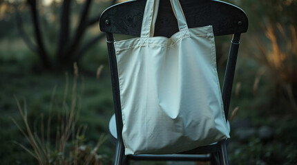 Person holding a canvas tote bag standing outdoors in a garden.