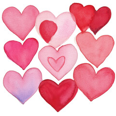 Love in Every Hue: An array of watercolor hearts, painted in shades of red and pink, symbolize love and affection in a dreamy, artistic composition.
