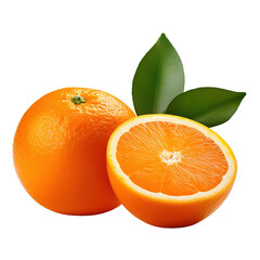 Fresh, juicy oranges with vibrant green leaves, perfect for food packaging design, isolated PNG image.