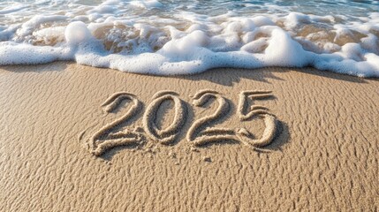 Love and 2025 Written in Beach Sand with Heart Shape