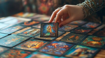 Naklejka premium A hand delicately selects a tarot card from an elaborate spread. Each card features unique art, telling a story. Discover insights and new paths with tarot. Generative AI
