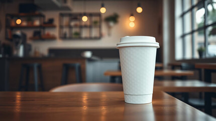 white tea cup for takeaway with kitchen in the background