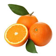 Fresh, juicy oranges with vibrant green leaves, perfect for food and beverage design, isolated on white background.