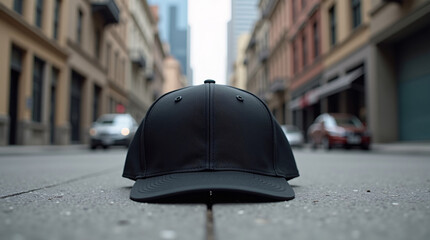 Black cap placed on an empty urban street with a cityscape background.