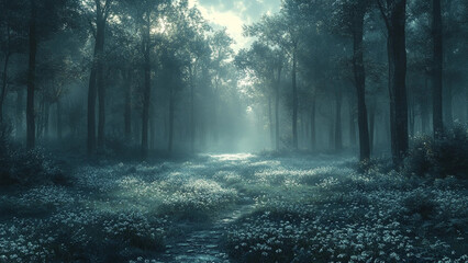 Obraz premium Dark Mystical Forest, Cinematic Fog