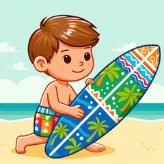 Kid with Surfboard on Beach Illustration
