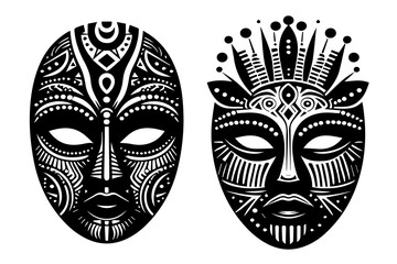 Black and white silhouette of two masks from an African tribe on a white background. Vector graphics. EPS.