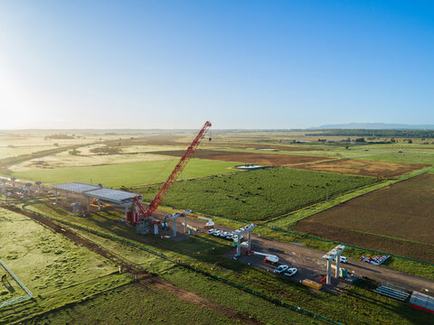 Singleton Bypass under construction first girders placed and crane working on bridge building
