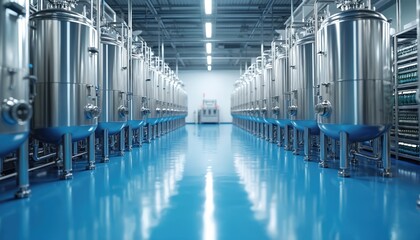 Biotech plant interior with rows of industrial stainless steel tanks. Manufacturing process, continuous bioprocessing, automation. Biotech, pharma, food industry, research. Modern tech environment.