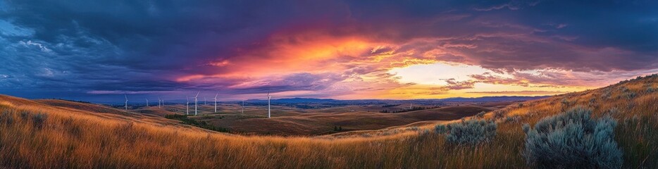 Fototapeta premium A panoramic landscape showcasing wind turbines under a vibrant colorful sky