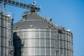 Metal grain silos stand tall against a clear sky, highlighting the importance of efficient storage solutions in modern agriculture while emphasizing rural landscapes