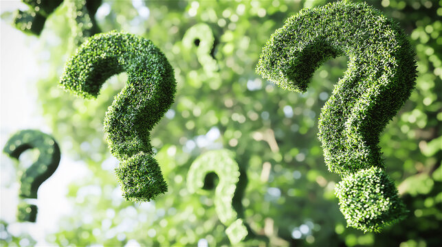 Creative green topiary bushes shaped like question marks, symbolizing curiosity, problem-solving, and innovative thinking in a lush, thought-provoking garden landscape.