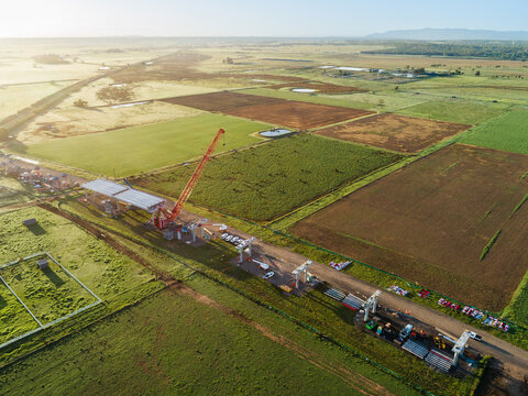 Singleton Bypass under construction first girders placed and crane working on bridge building