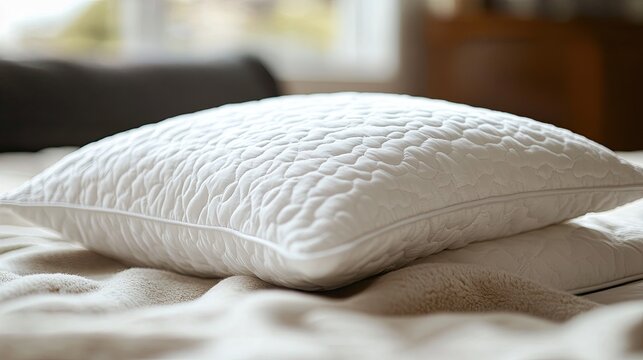 Close-up of a bed pillow in a contemporary bedroom, showcasing luxury, comfort, and restful ambiance with soft fabrics and a cozy, modern design.