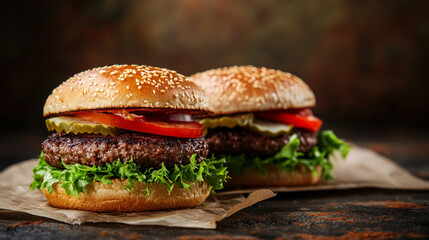 Juicy Beef Burgers with Sesame Buns, Fresh Vegetables, Close-up Food Photography