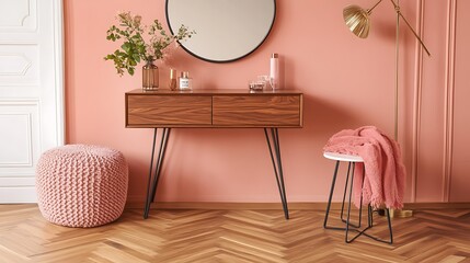 A stylish interior scene featuring a wooden console table