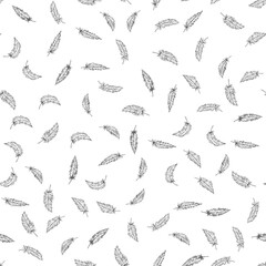 Fototapeta premium Seamless pattern with hand drawn ink feathers. Monochrome design for fabric, wrapping paper, boho wedding stationery, rustic branding, Easter projects, or farm-themed packaging and crafts. 