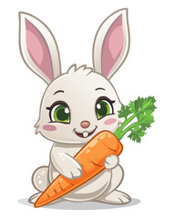 Obraz premium Chibi Bunny with Carrot – A fluffy rabbit with big eyes, holding a huge carrot and looking very happy.