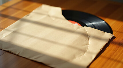 A vinyl record partially covered in a paper sleeve on a wooden surface.
