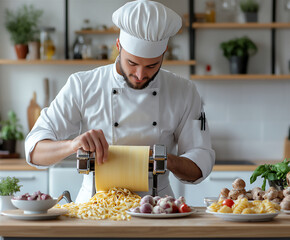  a chef using a pasta maker to roll out fresh pasta