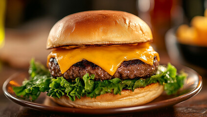 Juicy Cheeseburger on Rustic Plate Delicious Food Photography