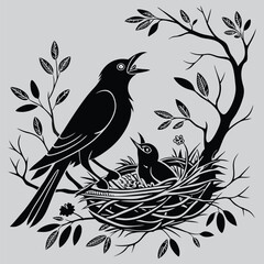 A  bird feeding its young in a nest image silhouette design vector art and illustration
