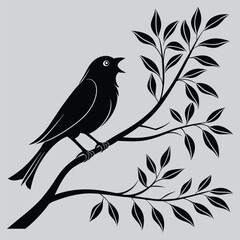A canary singing on a branch image silhouette design vector art and illustration