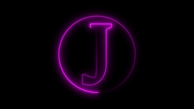 Animation of neon capital letter J on black background. Pink color letter animation
