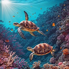 Fototapeta premium A sea turtle swims through a colorful reef, bathed in the soft, golden light of the setting sun. Generated AI.