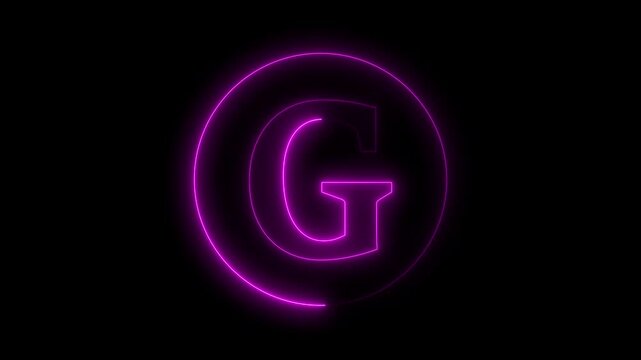 Animation of neon capital letter G on black background. Pink color letter animation