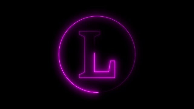 Animation of neon capital letter L on black background. Pink color letter animation