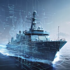 Modern Warship at Sea with Futuristic Digital Overlay