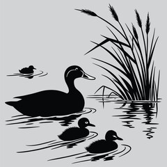 A duck family swimming  image silhouette design vector art and illustration