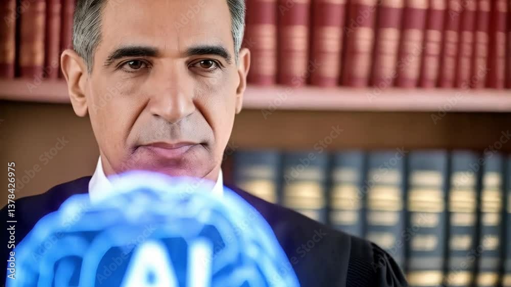 Poster a judge with ai brain hologram holding gavel in courtroom with books and wooden desk background