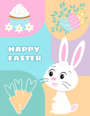 Happy Easter, invitation, holiday, postcard, banner, rabbits, love, hare, carrot, bunny, easter, kulich, painted eggs, outline, inscription, religious holiday. Vector illustration