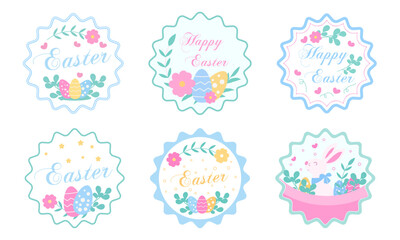 Happy Easter, stickers, holiday, postcard, banner, rabbits, love, hare, carrot, bunny, Easter, Easter cake, painted eggs, outline, inscription, on a blue background, Religious holiday. Vector illustra