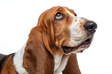 A cute brown and white beagle pup, a portrait of a sad-eyed hound