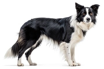 Cute white and black border collie puppy sitting isolated on white