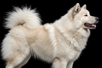 A cute white Alaskan Malamute puppy, a purebred canine pet, sits with its tongue out