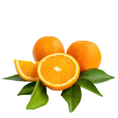 Fresh, juicy oranges with vibrant green leaves, perfect for food styling and beverage packaging design, isolated on white.