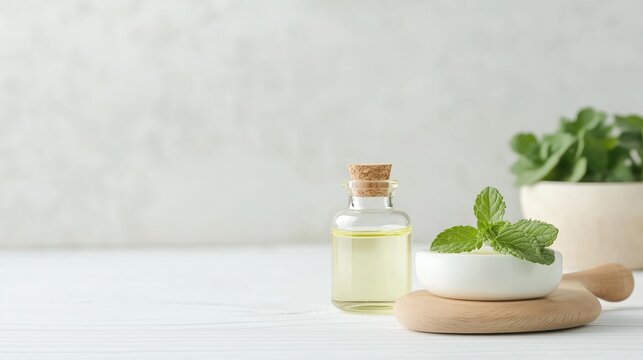 Fresh mint leaves and essential oil on a wooden board, showcasing natural ingredients for health and wellness practices