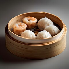 Delicious Steamed Dumplings and Shrimp in Bamboo Steamer Basket Asian Cuisine Food