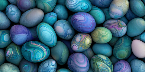 Close-up of many pastel blue, green, and purple eggs with swirling patterns.  Suggests springtime, Easter, or a decorative design concept