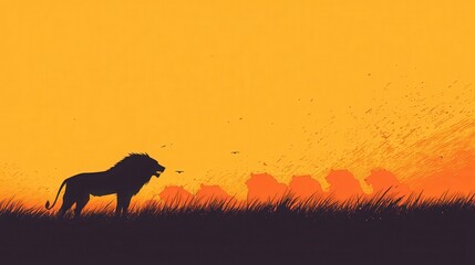 Lion Pride Silhouette at Sunset, Majestic lion leading its pride at sunset.