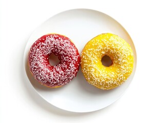 Two colorful donuts on a white plate.  Glazed in vibrant red and yellow icing, topped with sprinkles.  Perfectly round, tempting treats
