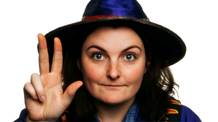 Smiling Witch Portrait Shows Hand Gesture With Blue Hat Isolated Photo